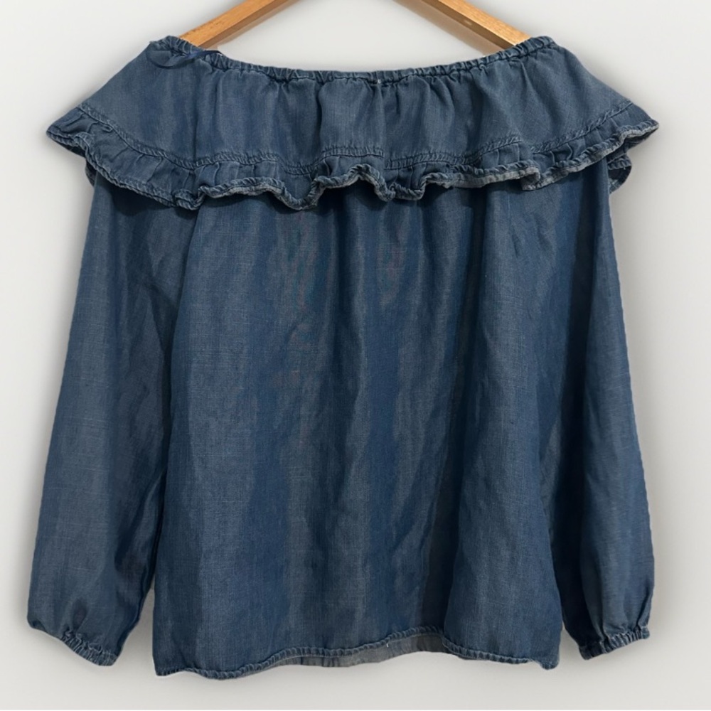 Altar’d State Off Shoulder Denim Blouse Oversized Flowy Ruffle Women’s Size S - Picture 2 of 9